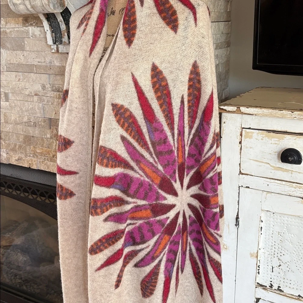 Pistil tan scarf wrap with colorful purple orange brown floral sunburst design